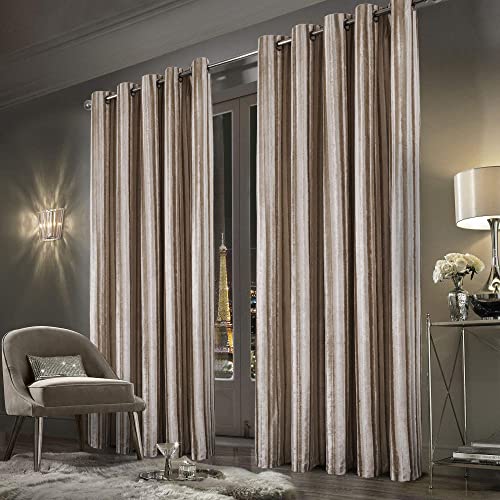 always4u Crushed Velvet Curtains Luxury Line Pattern Curtain Eyelet Thermal Dark for Living Room Window Treatments Champagne A Pair 90 * 90