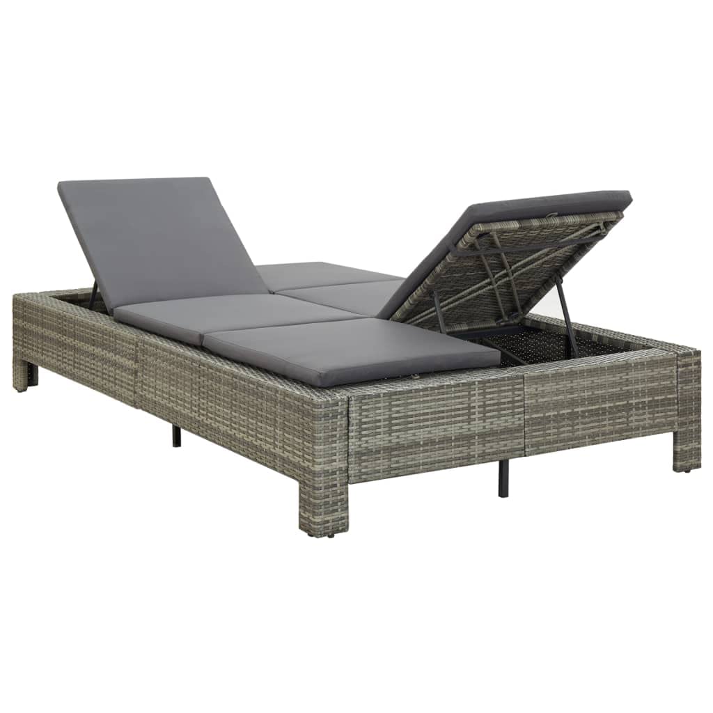 Lettino da giardino per 2 persone, in polyrattan, con cuscino grigio, resistente alle intemperie, per terrazza, balcone, piscina e campeggio, regolabile per un comodo relax