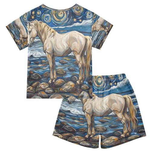 ALAZA Horse Star Van Gogh Oil Painting Pajamas Set Short Sleeve Cotton Sleepwear Summer Pjs 2 Piece 5-14Y2