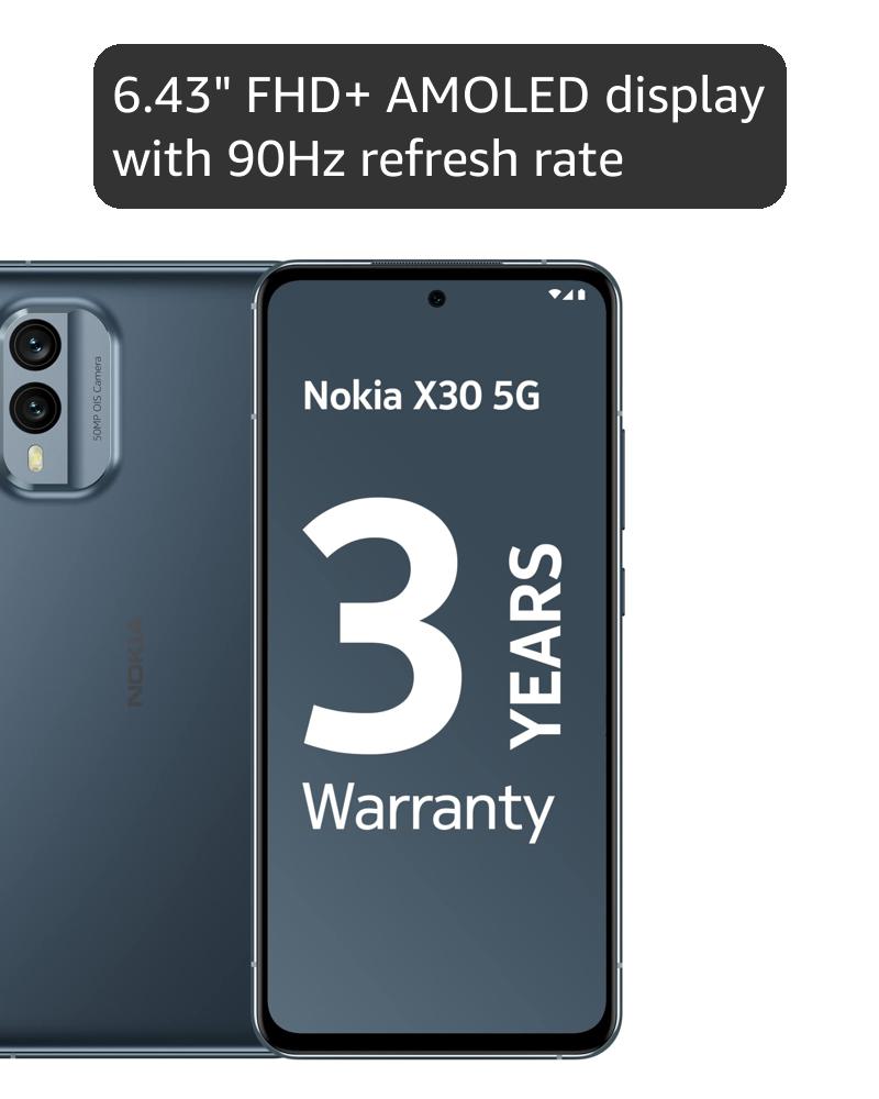 Nokia X30 5G Smartphone, 6GB RAM, 128GB ROM, 6.43” FHD+ AMOLED Display, 90Hz refresh rate, 3 years warranty, OS and monthly security updates, 50MP camera, super-fast 33W charging support - Blue
