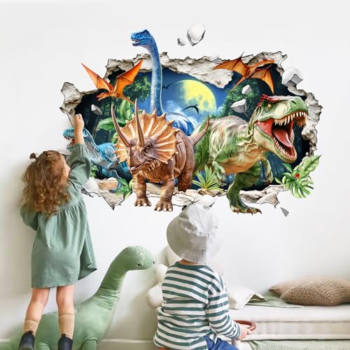 Supzone 3D Stickers Muraux Enfant Dinosaures Grands Autocollant Mural Colorés de Triceratops et de Tyrannosaure Déco Murale Dino pour Garçon Chambre Enfant...