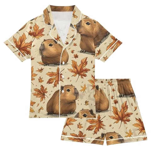 Satin Pajama Sets Short Sleeve Guinea Pigs Among Autumn Leaves Button Down Silky Nightwear 2 Piece PJS 5-14Y