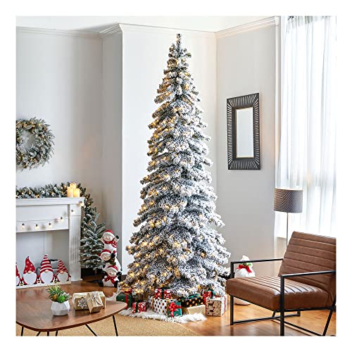 Glitzhome 9ft Pre-Lit Flocked Layered Spruce Artificial Christmas Tree, Large Elegant Snowfall Spruce Xmas Tree for Holiday New Year Home Decor