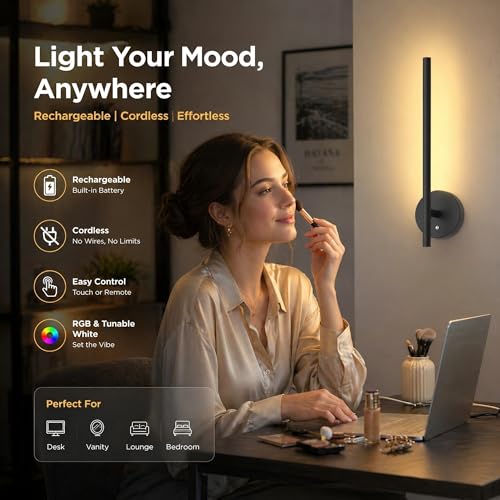 Image of L LOHAS LED Battery Operated Wall Sconces & Table Lamp Set of 2, 10000mAh Rechargeable Battery Wall Light with App Control, 3CCT Dimmable & DIY RGB, No Wiring Modern Sconce Wall Decor, Black