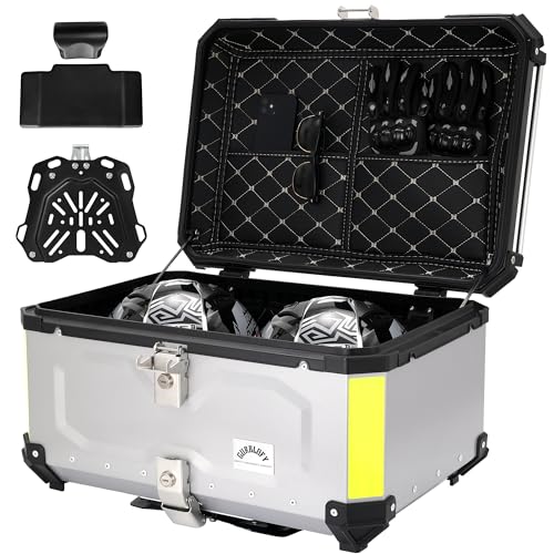 【65L】GURBLOFY バイクボックス トップケース アルミ製 防盜ロック 防水 防塵 シルバー 取り付けベース付属 バッククッション付き 簡単取り付け 大容量 GBTC-65S-JP