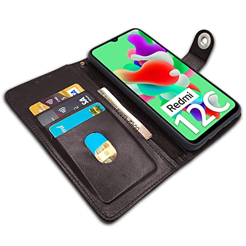 Image of Pikkme Redmi 12C / Poco C55 Flip Cover Leather Finish | Inside TPU with Card Pockets | Wallet Stand and Shock Proof | Complete Protection Button Flip Case (Coffee)