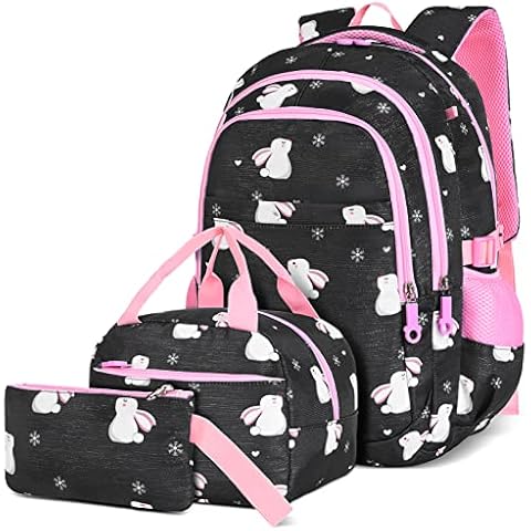 Kids Backpack School Bag Set - Boys Girls Waterproof Bookbag Rucksack Daypack 3 Piece Set with Lunch Tote Bag Pencil Case or Phone Bag for Teenage Primary Secondary Junior High School Black Cover