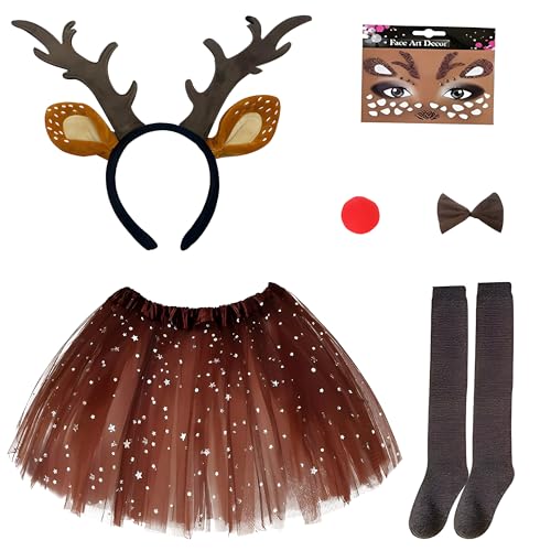 MOSNOW Reindeer Headband Costume 7PCS Christmas Reindeer Headband Set Cute & Comfortable Antler Headwear with Skirt for Women Christmas Costume/Photo Props/Masquerade