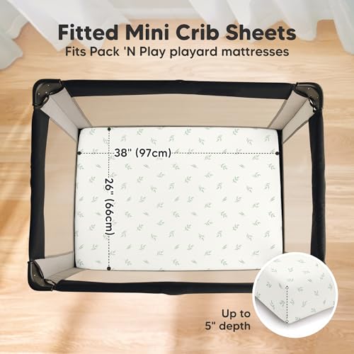 Image of 2 Pack and Play Sheets, Waterproof Mini Crib Sheets Fitted - 38x26 Organic Cotton Pack N Play Sheets for Graco Pack and Play Mattress, Playard Baby Crib Sheets, Neutral for Boy, Girl, Toddler (Herb)