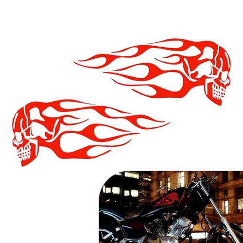Image of 2 PCS Automotive Stickers, 9.84 inch x 3.93 inch Skull Flame Reflective Stickers, Self-Adhesive Outdoor Waterproof Safety Flame Personalized Decals, Universal for Most Cars (Red #M)