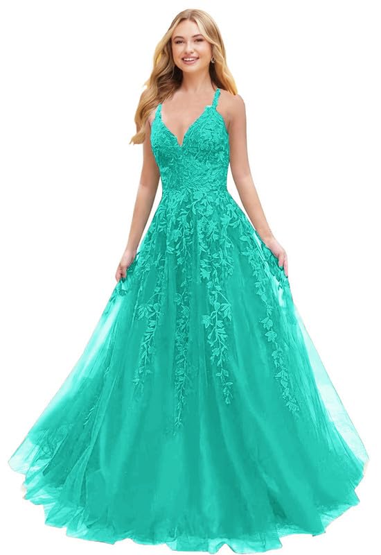 Lace Appliques Prom Dresses Tulle Long Ball Gowns Spaghetti Strap A-line V Neck Formal Dress for Women