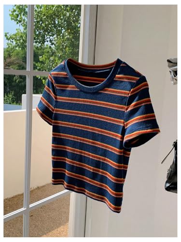 Girl's Striped Short Sleeve T-Shirts Crew Neck Ribbed Crop Tees Summer Tops3