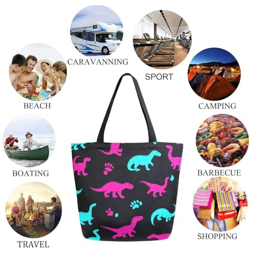 Dinosaur Silhouettes Black Extra Large Canvas Gym Shoulder Tote,Durable Reusable Daily Top Handle Bag for Mens Womens Yoga Weekender Picnic Beach Travel Market Shopping2