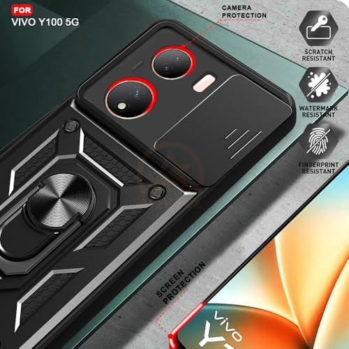 Image of Armor Bumper Back Cover Case for Vivo Y100 5G | Rotating Camera Cover, Ring Holder & Kickstand | Heavy Duty & 360 Degree Protection Vivo Y100 5G Back Cover (Black)