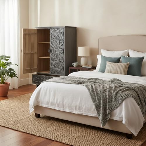 Image of APRODZ Wooden Wardrobe for Bedroom | Scolpito 2 Door Mango Wood Wardrobe with 1 Drawer | Space Saving Wardrobe for Storage, Clothes Cupboard & Wooden Almirah for Bedroom, Grey