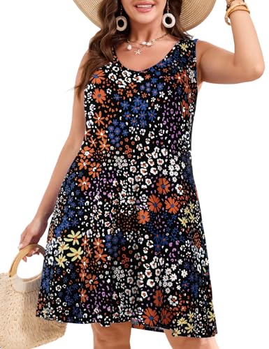 Image of JollieLovin Women Plus Size Curvy Summer Tank Sun Dresses Sleeveless Causal T-Shirt Dress Beach Swing Cover up(L-5X)