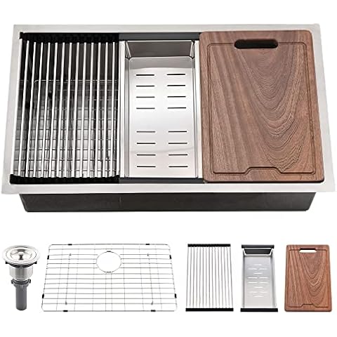 33 Inch Undermount Kitchen Sink Stainless Steel -Bokaiya 33x19 Undermount Workstation Sink 16 Gauge Deep Single Bowl Stainless Steel Kitchen Sink with Cutting Board Cover