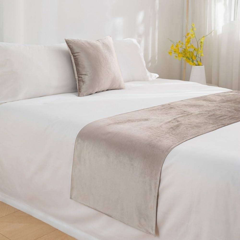 Janemua Beige Solid Color Velour Bed Runners & Scarves, Polyester Decor Bed Scarf & Pillowcase For Twin King Size Bed, Soft No Fading Modern Bed Scarf-||45X260cm For 1.8M Bed