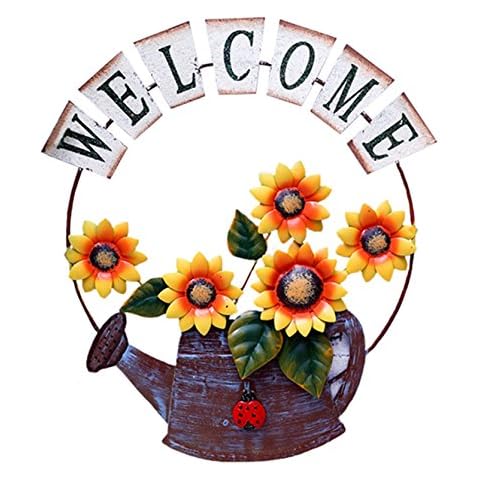 D-Fokes Handcrafts Vintage Metal Watering Pot Sunflower Welcome Sign Front Door Decor Hanging Outdoor Wreath Decorative Door Porch Bar Cafe Shop Store Cover