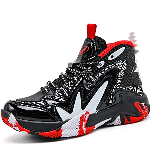 JMFCHI Boys Basketball Shoes Kids Sneakers High-top Sports Shoes Durable Lace-up Non-Slip Running Shoes for Little Kids Big Kids Size 5 Black Red