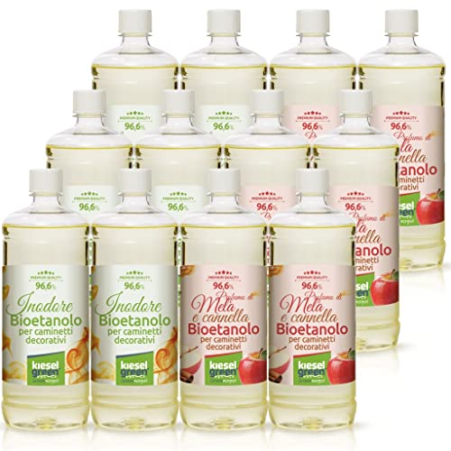 KieselGreen Bioethanolo 12 x 1 litro Set (6x Inodore + 6x con Fraganza) per Caminetto a Etanolo – Bio-etanolo profumato per Ambienti - Profumo per Caminetto a bioetanolo da Interno o da Tavolo AZ