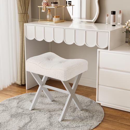 Image of Memobarco 18-Inch Vanity Stool Chair, Vanity Bench with Metal X-Legs, Ottoman Accent Stool with Breathable and Soft Boucle Fabric Saddle Seat, White