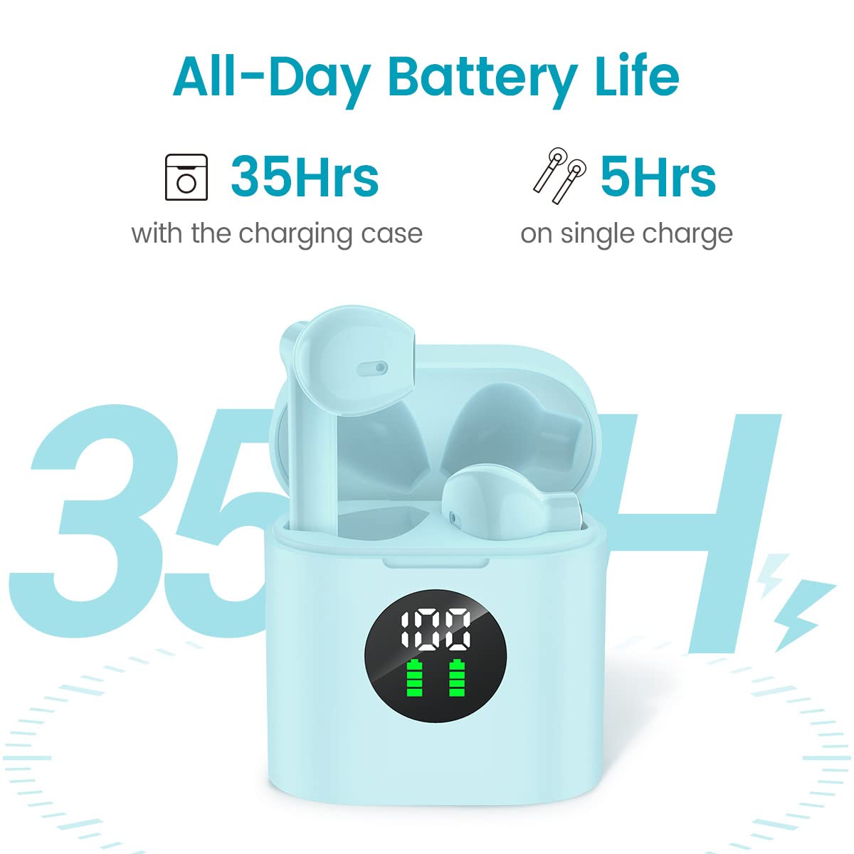 GNMN True Wireless Earbuds Bluetooth Headphones 35H Playtime Stereo Sound Earphones Sweat-Proof Bluetooth 5.0 Button Headset Wireless Charging Case & Power Display with Built-in Mic for Sports