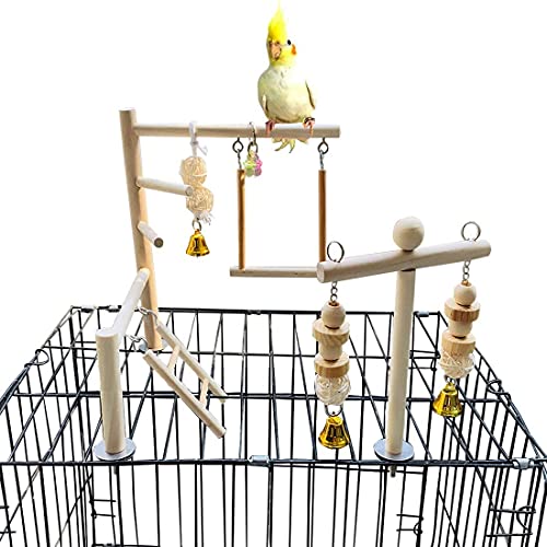 jinshang Vogelspielplatz Papageien Spielstation Sittich Käfig Spielständer Holz Sitzstangen Laufstall Leitern Conure Kauen Klettern Schaukel Spielzeug Vogelkäfig Zubehör für kleine Kakadu Cover