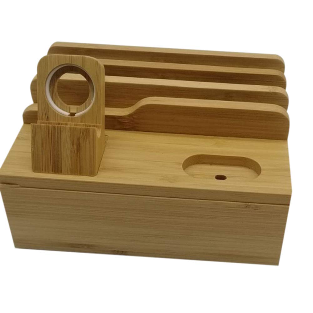 Wooden Charging Dock Station Multi-Function Storage Bracket, Mobile Phone Holder Stand Bamboo Charger Stand Base for Home, Office and School
