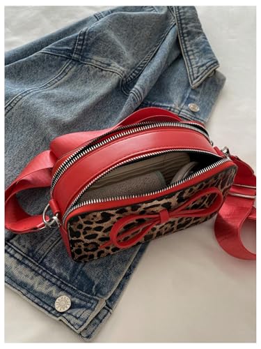 Women's Bowknot Leopard Crossbody Shoulder Handbags Adjustable Strap Zipper Purse Y2K Square Bags3