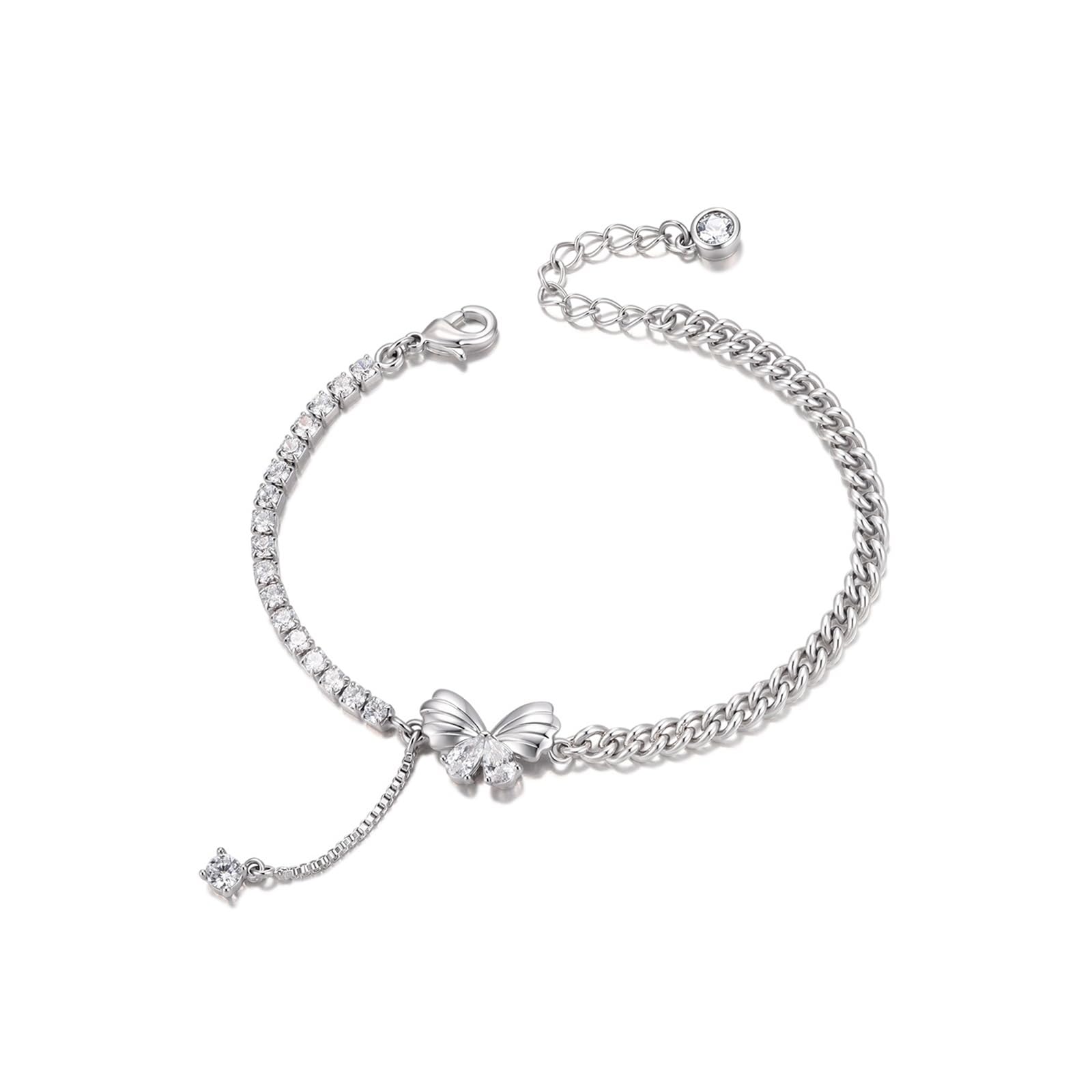 KnSam Bracciale in vero oro bianco 18 carati Au750 con moissanite, farfalla in platino 950, Oro bianco 18 carati (750), Moissanite