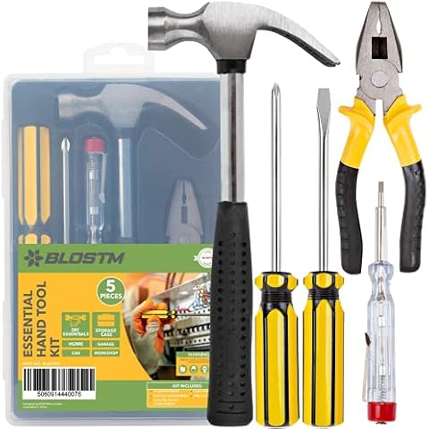 BLOSTM Basic Home Tool Kit - 5pcs Essential Hand Tools Set for Homeowners or Emergency Small Tool Kit When On The Go, Handy DIY Tool Kit - Set of 5 Tools & Tool Box Cover
