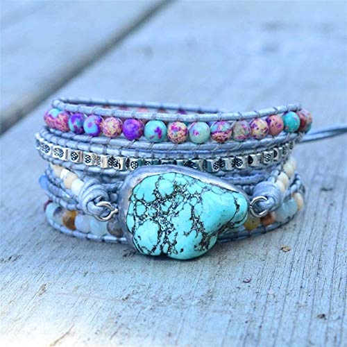 AOSUAI Unique Mixed Natural Stones Turquoises Charm 5 Strands Wrap Bracelets Handmade Boho Bracelet Women Leather Bracelet (Metal Color : Silver Plated)
