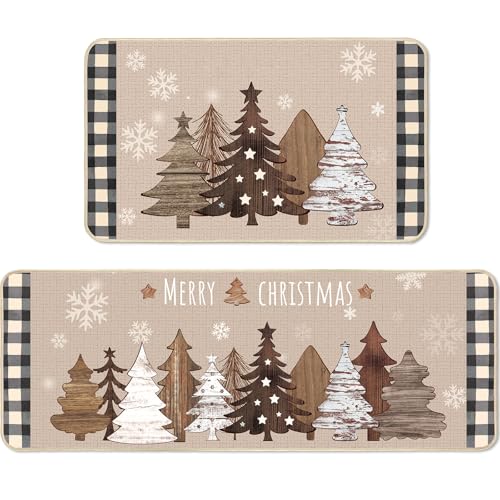 Maasechs 2 Pcs Brown Kitchen Rugs Mat Merry Christmas Decorations Wooden Tree Snow Xmas Holiday Winter Christmas Floor Mats for Holiday Outdoor Home Farmhouse Decorations,17 x 29 Inch,17 x 47 Inch