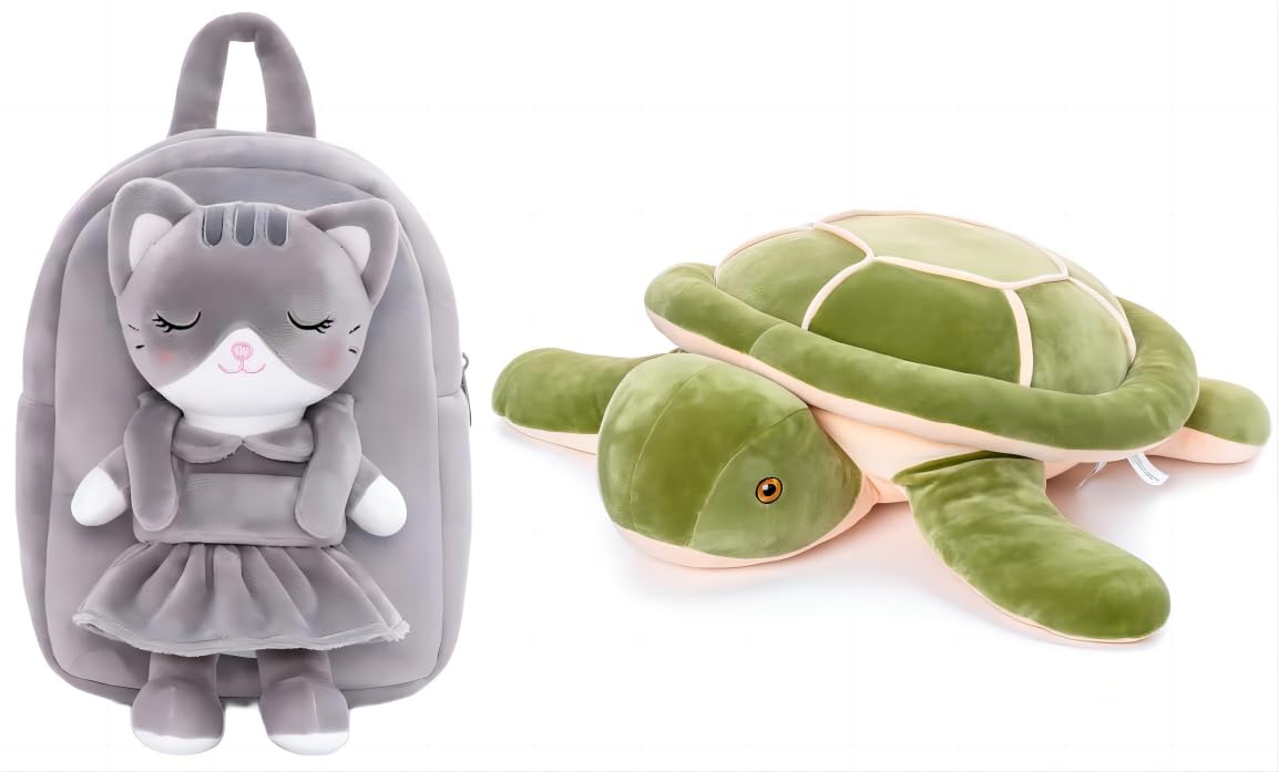 LazadaChildren's Backpack Filled Animal Cat Toy Backpack Gray 9.5 inches and Filled Turtle Plush Pillow Toy Turtle Throw Pillow Green 14 "Bundled