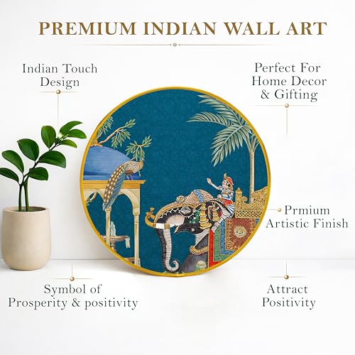 Image of Royal Elephant Mughal Garden Round Framed Wall Art Painting For Living Room | Traditional Indian Rajasthani Arched Jharokha Wall Art Painting With Frame for Home, Bedroom & Office, 16 Inch