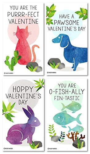 Mini Cat Dog Rabbit Fish Valentines (Wallet-Sized Cards with Tiny Envelopes) for Valentine's Day by Nerdy Words (Set of 24)