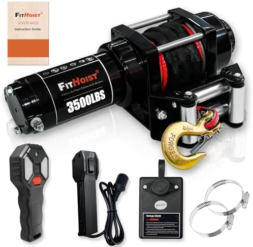 3500 lb ATV Winch with Red Synthetic Rope - IP68 Waterproof 12V Electric Winch for Boat Trailer Towing