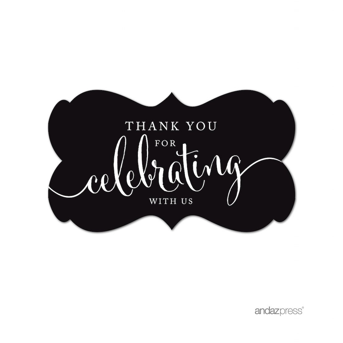 Andaz Press Fancy Frame Rectangular Label Stickers, Thank You for Celebrating with Us, Black, 36-Pack Wedding Decorations, Wedding Favors, Stickers