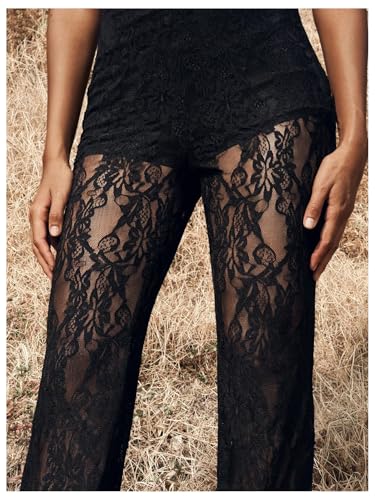 Women's Floral Lace Sheer Mesh Flare Pants Elastic High Waisted Long Trousers3