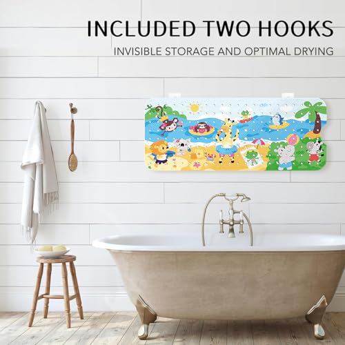 Image of PRATIQUE Kids Bath Mat for Tub Non Slip,40 X 16 Inch Extra Long Kids Bathtub Mat Seaside Zoo Bathtub Shower Mat Safety Anti Slip with Suction Cups and Drain Holes, Machine Washable