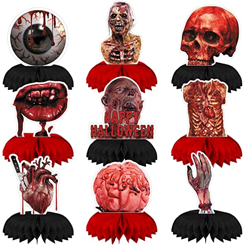 GRESAHOM Lot de 9 centres de table en nid d'abeille pour Halloween, décorations de table de fête d'Halloween, noir et rouge, fournitures de fête d'Halloween, crâne, mains sanglantes, cœur, zombie Cover
