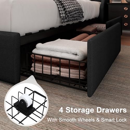Image of Feonase Upholstered Full Size Bed Frame with 4 Storage Drawers, Large Wingback Storage Headboard, No Box Spring Needed, Black