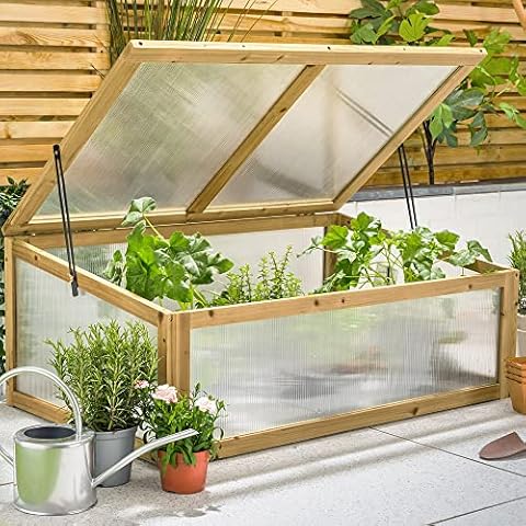 CHRISTOW Wooden Sleeper Cold Frame Greenhouse With UV Stabilised Polycarbonate Glazing (L100cm x W65cm x H40cm) (Natural) Cover