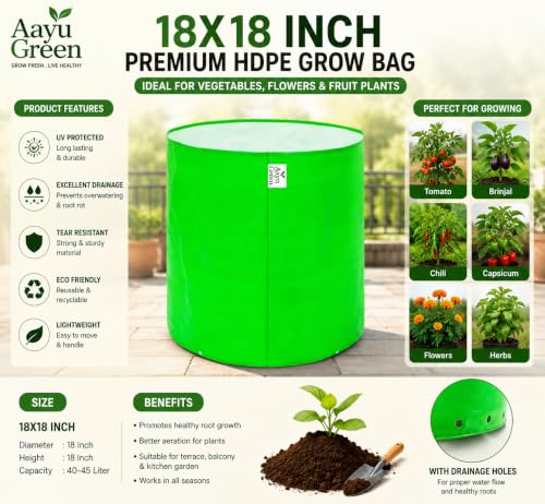 Image of Grow Bag UV Protected 260 GSM | HDPE Grow Bags for Plants | Heavy Duty Green Garden Plant Grow Bag with Drainage Holes | Reusable Vegetable Grow Bag for Terrace Gardening (6, 18X18 INCH)