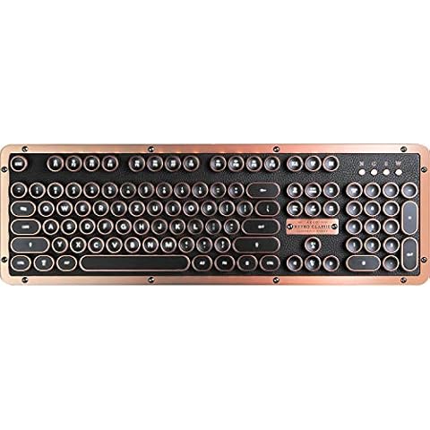 Azio Classic Retro Keyboard Artisan Mechanical Typewriter Keyboard, Steampunk Keyboard with Bluetooth, Wireless, Illuminated Keys, Vintage Look, Black, Brown Cover