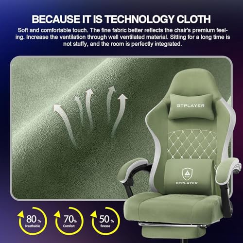 Image of GTPLAYER Ergonomic Gaming Chair with Lumbar Cushion & Footrest, Premium Fabric, Office Chair for Work, Study Chair with Linked Armrests, Adjustable Headrest, 1 Year Warranty (Green)