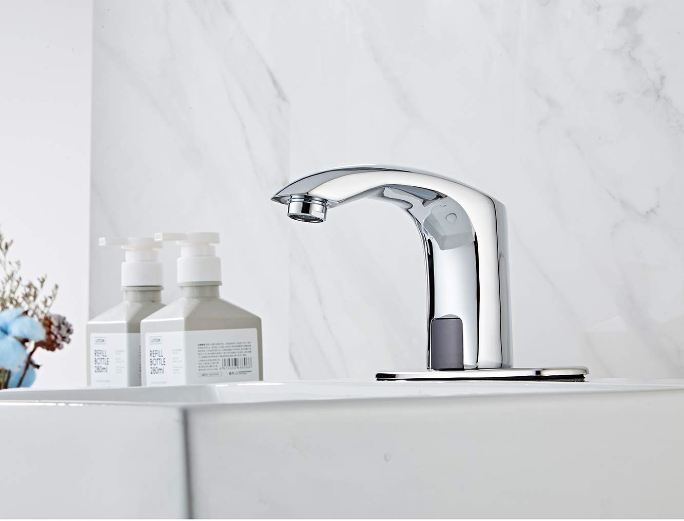 Grifo automático sin Contacto para Lavabo de Cocina y baño con Placa de Cubierta cromada, Grifo de baño con Caja de Control y Mezclador de Temperatura con desagüe emergente con rebosadero.