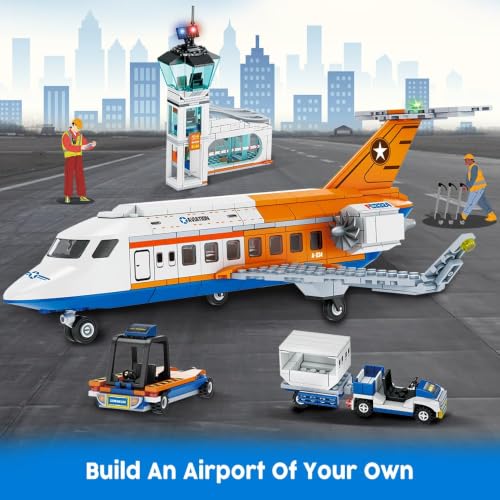 Image of City Airport Passenger Airplane Building Blocks Set, 715+ PCS 3-in-1 Airport Construction Kit with Radar Tower, Baggage Truck & Shuttle Bus | 1 Year Manufacturing Warranty