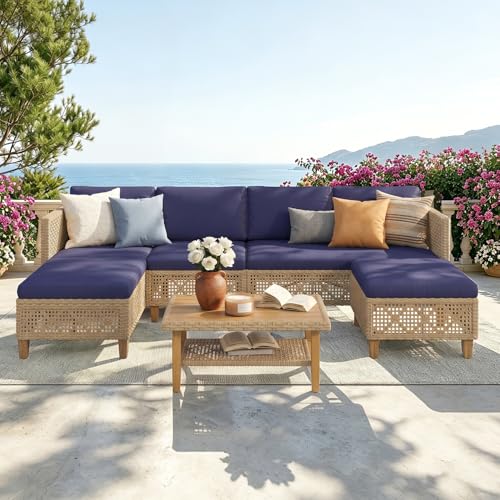 Image of PHI VILLA Wicker Patio Furniture Set, Rattan Patio Sectional Sofa Outdoor Couch Set with Acacia Wood Coffee Table, 7 Pieces U-Shaped Patio Conversation Set for Backyard Porch, Navy Blue Cushion